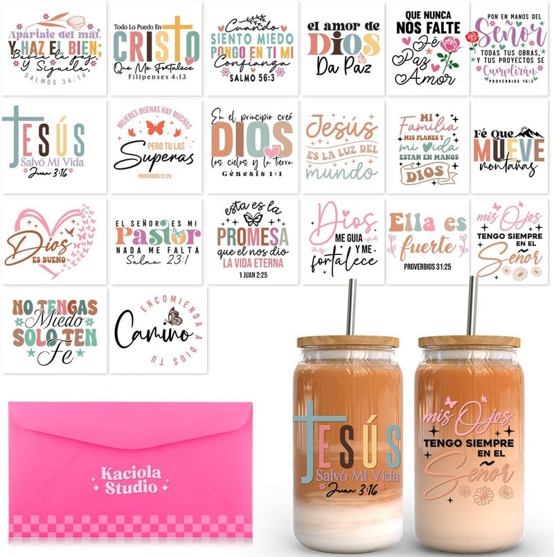 KACIOLA STUDIO Spanish Bible UV DTF Cup Wraps for 16 oz-20 Sheets Frases Religiosas Theme Cup Wraps, Spanish Bible UV DTF Decals Waterproof Rub on Transfer Stickers for DIY Mug Glasses - Image 1